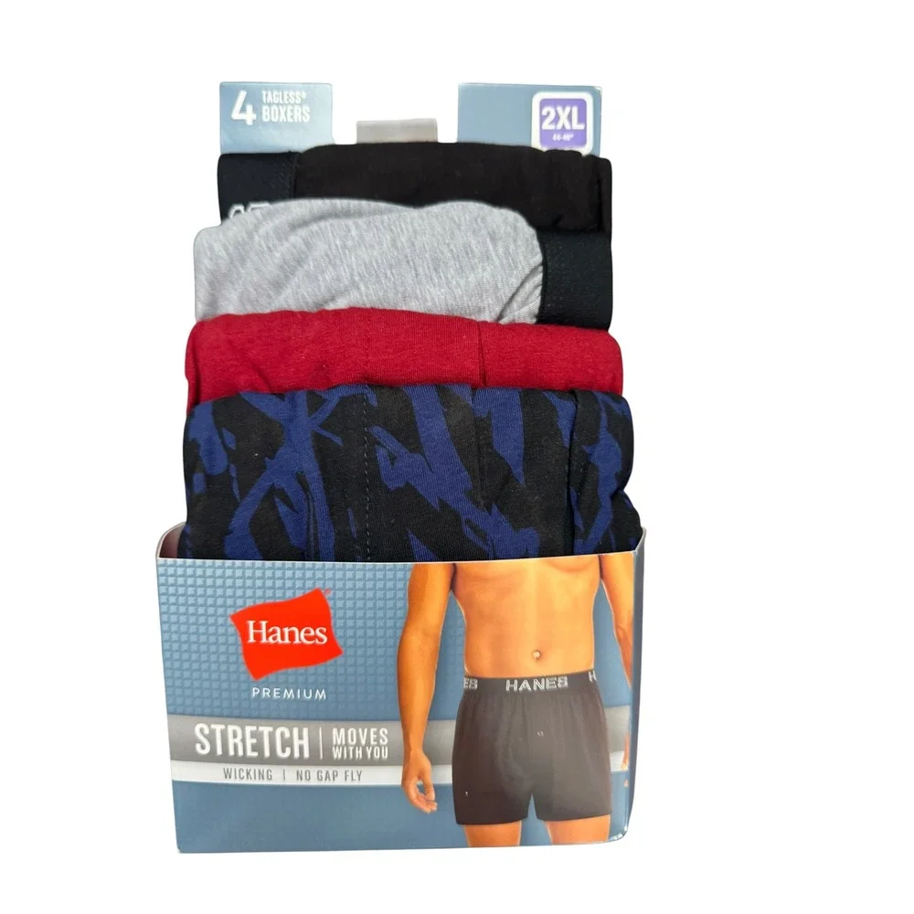 Hanes Premium Mens Tagless Boxers 4 Pack Cotton Stretch 2XL 44-46 Black Blue Red
